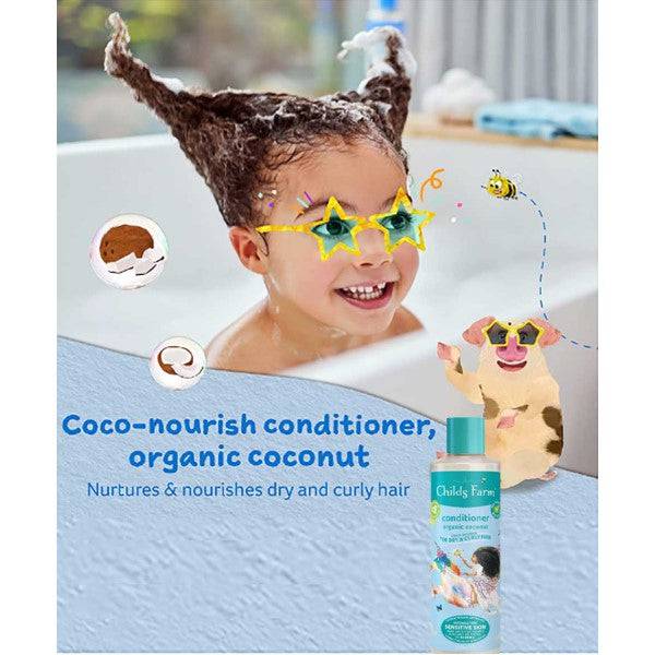 Childs Farm conditioner with organic coconut for dry, curly hair, showing a bottle of child-safe hair conditioner.