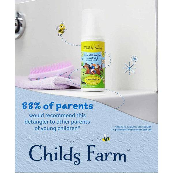 Childs Farm hair detangler with grapefruit and organic tea tree, showing a spray bottle of this children’s hair moisturizer.
