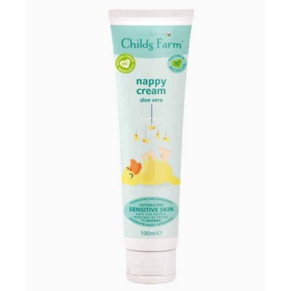 Childs Farm aloe vera nappy cream tube for baby skin care, featuring a white and green packaging with aloe vera plant illustration.