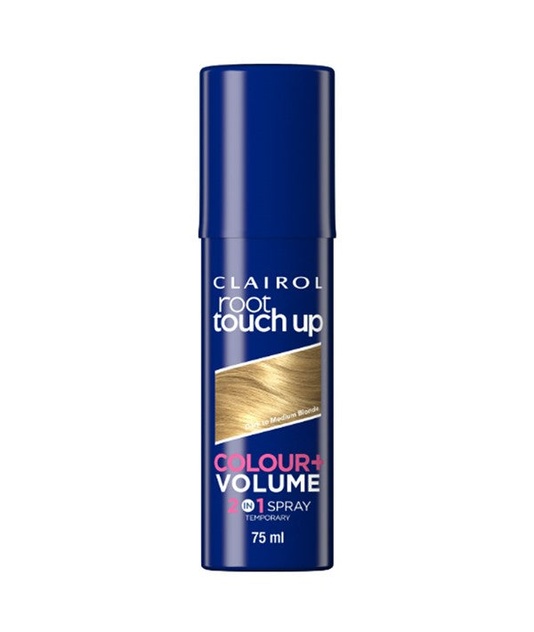 Clairol Root Touch Up 2 in 1 temporary color spray for hair, showing a woman applying the dark hair color spray to roots.