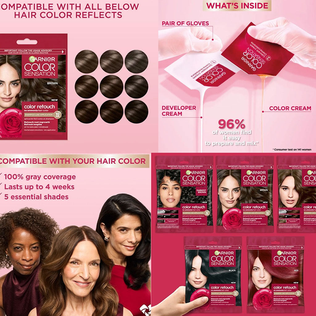 Garnier Color Sensation ammonia-free hair color tube for root retouch and hair coloring, with vibrant shade.