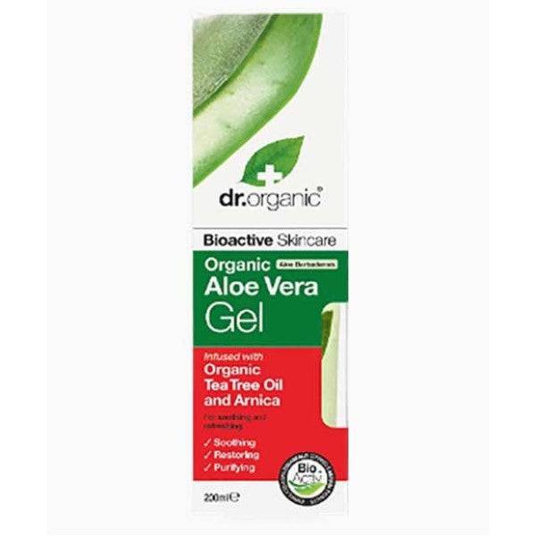 Dr Organic bioactive aloe vera gel with tea tree and arnica, natural moisturizer in a clear tube with green label.