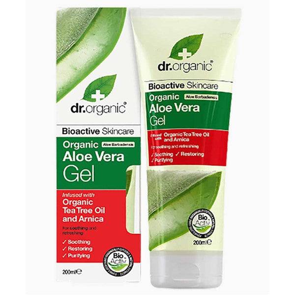 Dr Organic Bioactive Aloe Vera Gel moisturizer with tea tree and arnica, showing a clear gel in a natural skincare container.