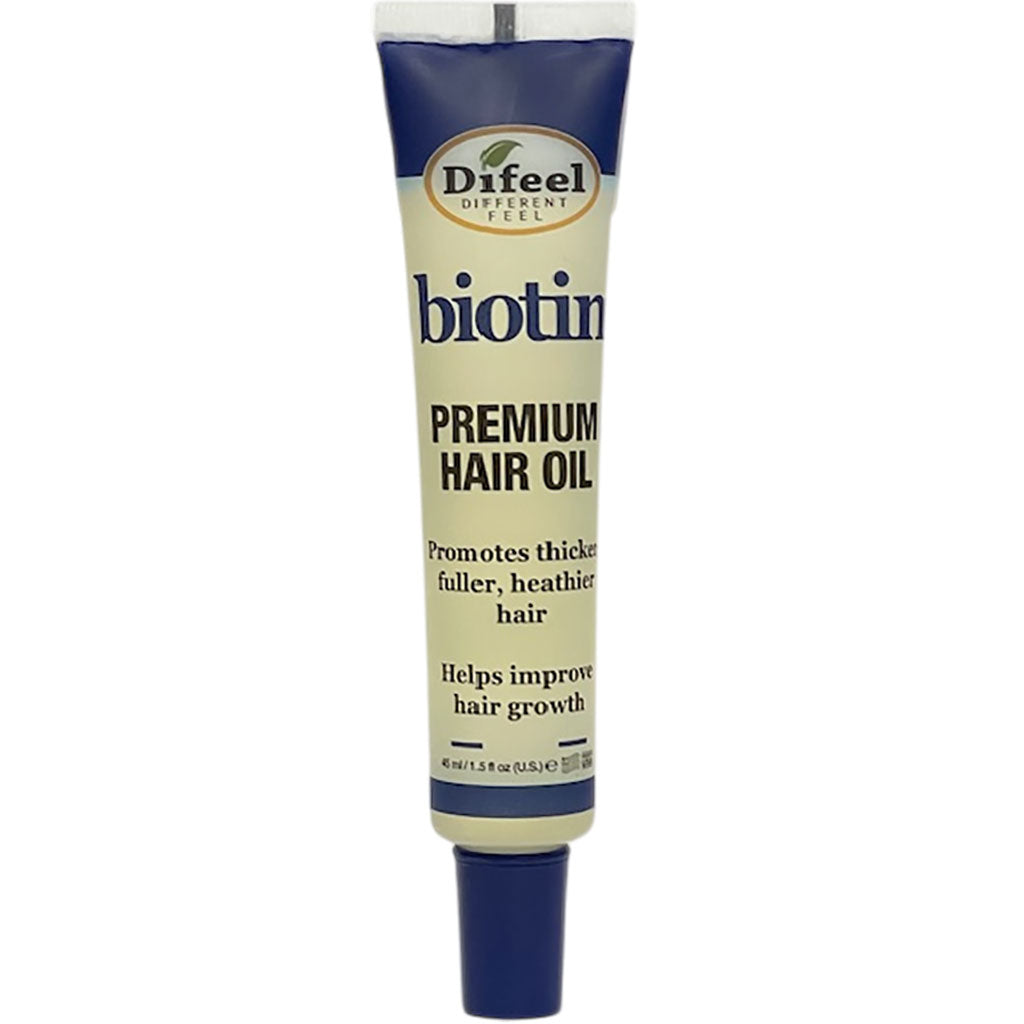 Difeel Biotin Premium Hair Oil tube, a nourishing hair treatment with biotin for healthy, shiny hair.