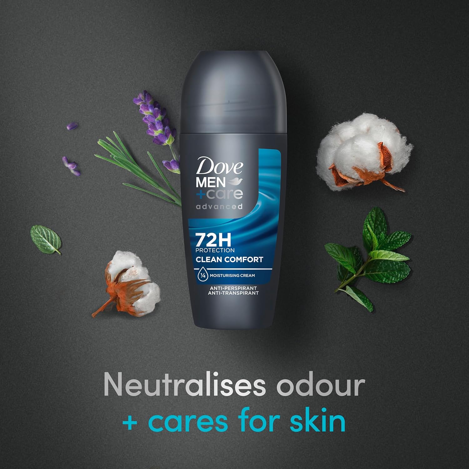 Dove Men Care 72H Clean Comfort deodorant roll-on in a 50ml bottle, designed for long-lasting freshness and body care.