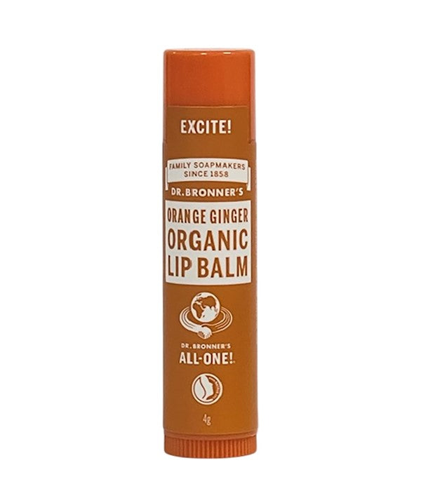 Dr Bronners All One Orange Ginger organic lip balm in a small tube, featuring natural ingredients and vibrant packaging.