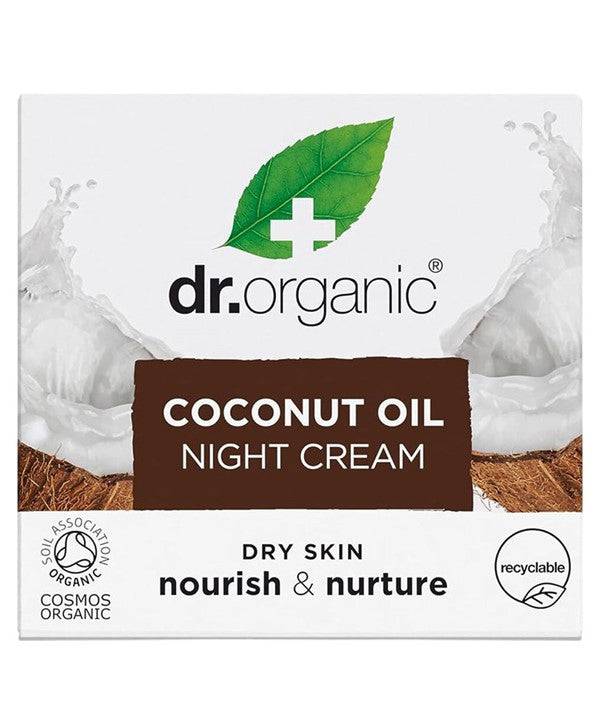 Dr Organic Bioactive Skincare organic coconut oil night cream in a jar, showcasing its creamy moisturizer texture.