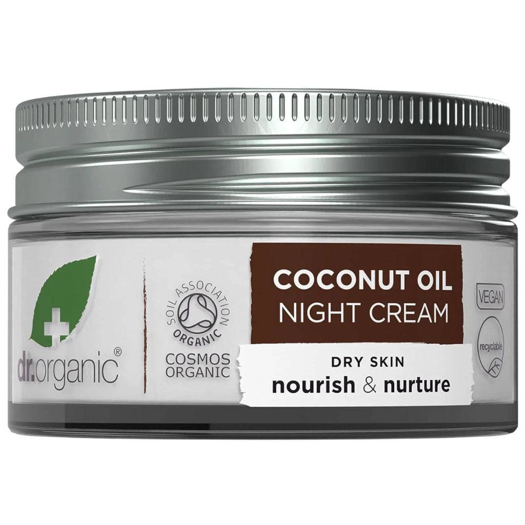 Dr Organic Bioactive Skincare organic coconut oil night cream moisturizer in a jar with a white lid, showcasing the product.