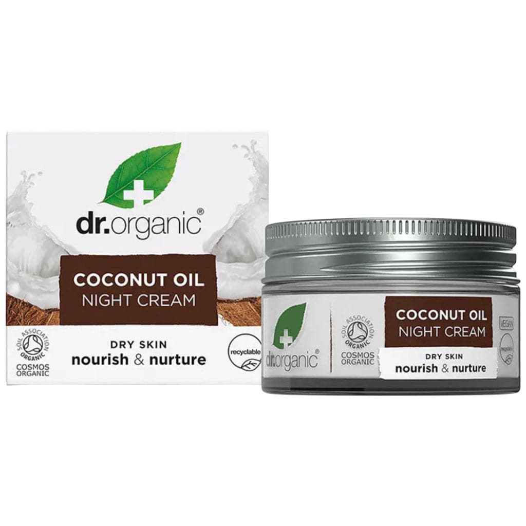 Dr Organic Bioactive Skincare Organic Coconut Oil Night Cream moisturizer in a jar with a natural coconut oil appearance.