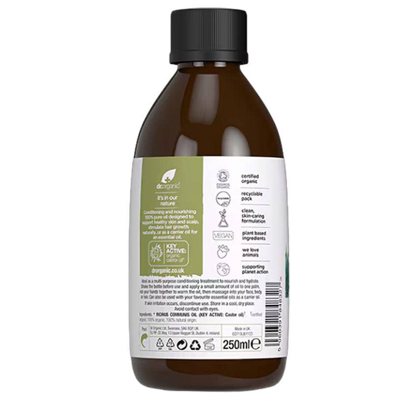 Dr Organic Organic Castor Oil hair treatment bottle with a pump dispenser, highlighting nourishing and conditioning properties.