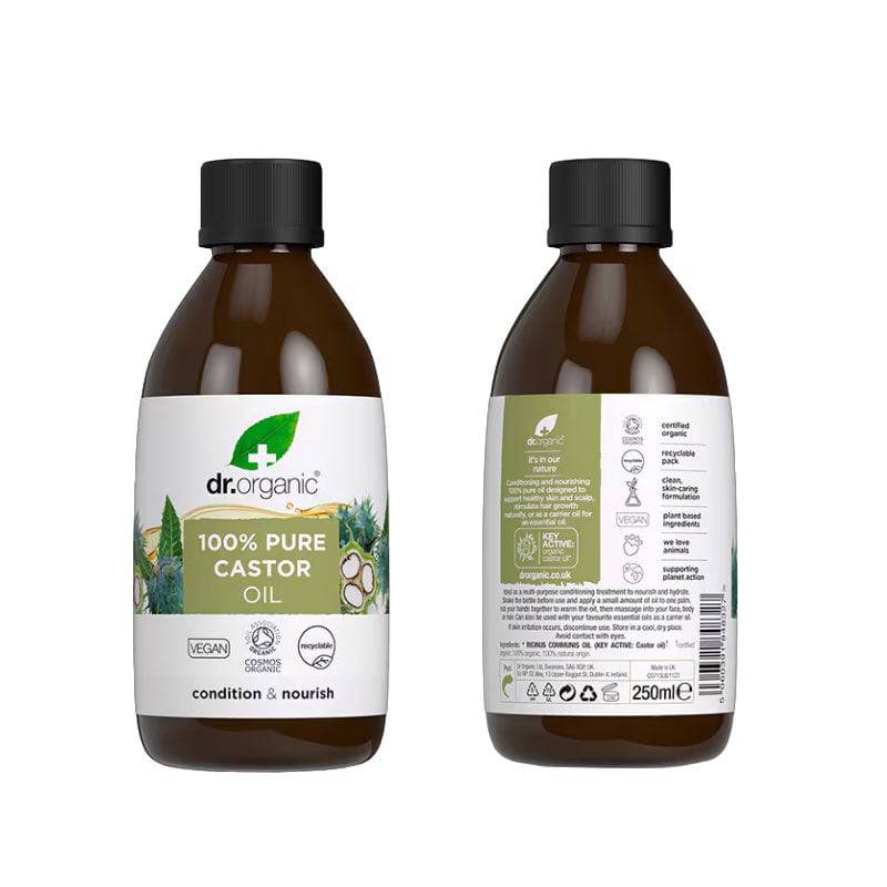 Dr Organic Organic Condition and Nourish Pure Castor Oil hair treatment bottle with dropper for nourishing hair care.