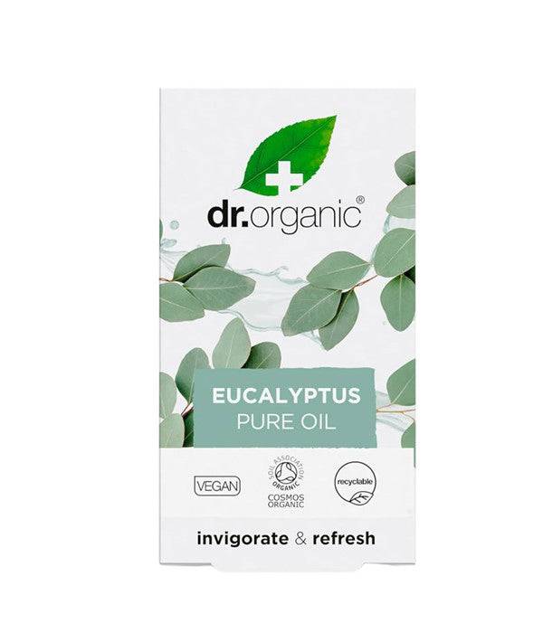 Dr Organic Eucalyptus Pure Oil for hair treatment, showing a clear bottle with eucalyptus leaves and a dropper cap.