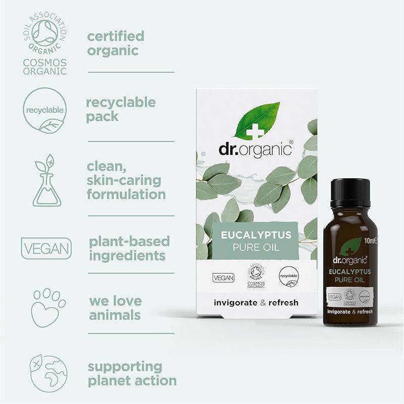 Dr Organic invigorate and refresh eucalyptus pure oil for hair treatment, showing a clear bottle with eucalyptus leaves.