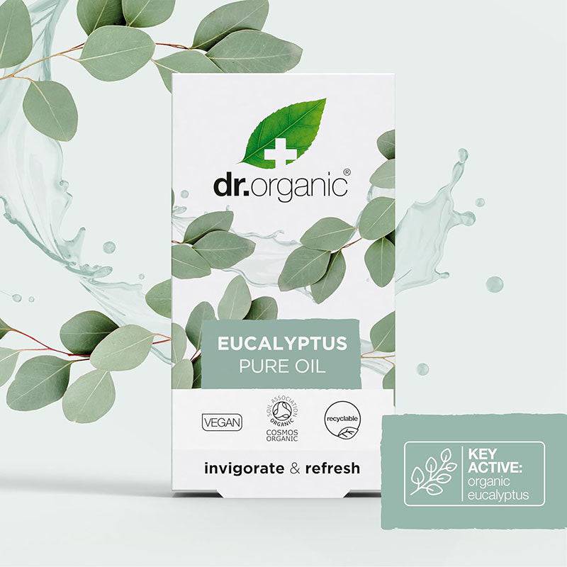 Bottle of Dr Organic Eucalyptus Pure Oil for hair treatment, featuring a clear container with a green cap and label.