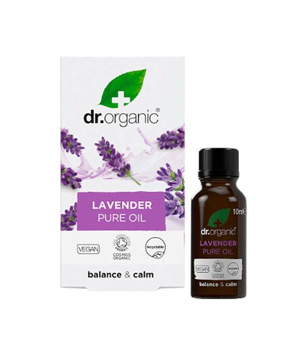 Dr Organic Organic Balance and Calm Lavender Pure Oil for hair treatment, showing a clear bottle with lavender oil and label.