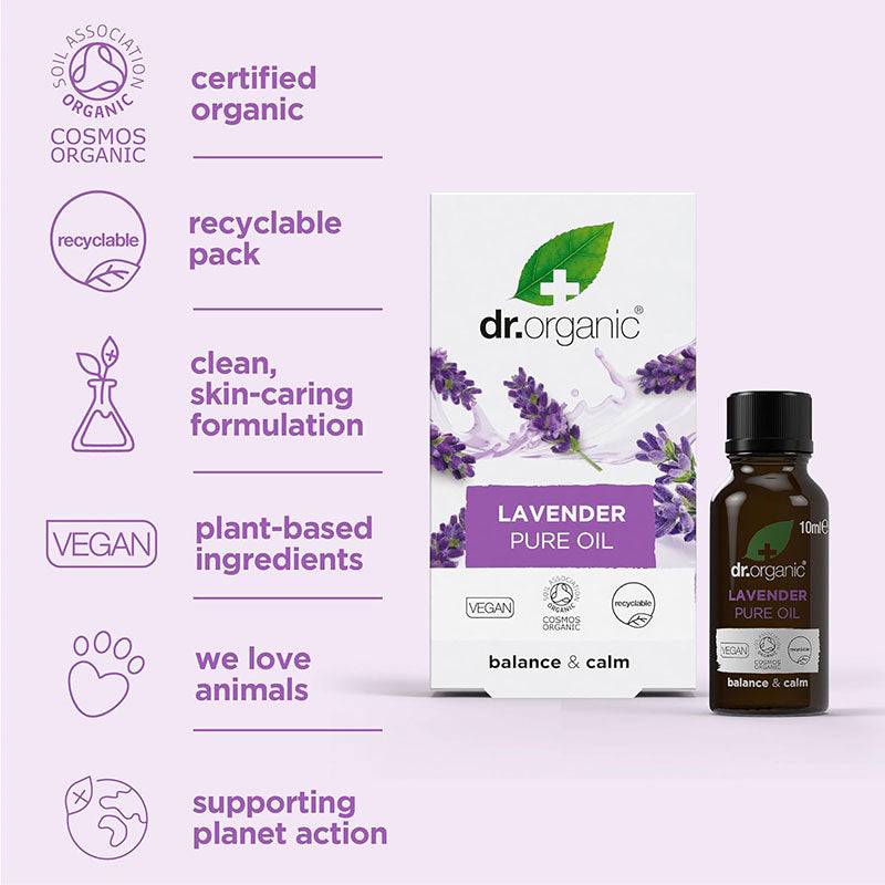 Dr Organic Organic Balance and Calm Lavender Pure Oil in a glass bottle, used as a calming hair treatment with lavender aroma.