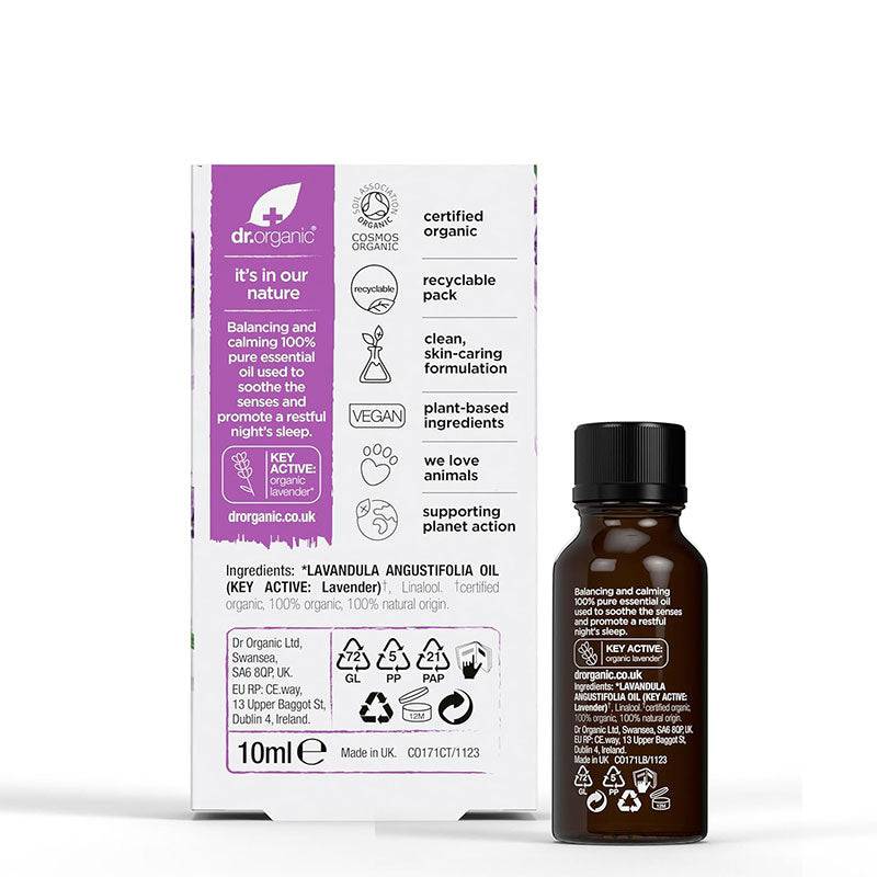 Dr Organic Lavender Pure Oil for hair treatment, featuring a clear bottle with lavender oil inside and a white cap.