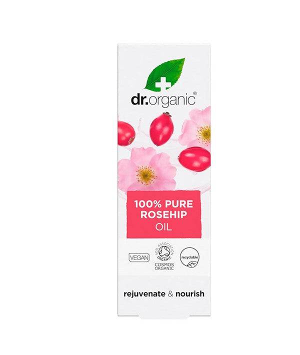 Bottle of Dr Organic Rosehip Oil hair treatment for nourishing and rejuvenating hair, with a natural, pure formulation.