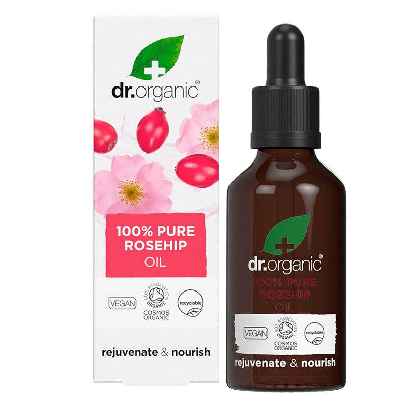 Dr Organic Rejuvenate and Nourish Pure Rosehip Oil hair treatment bottle with dropper, designed for nourishing hair care.