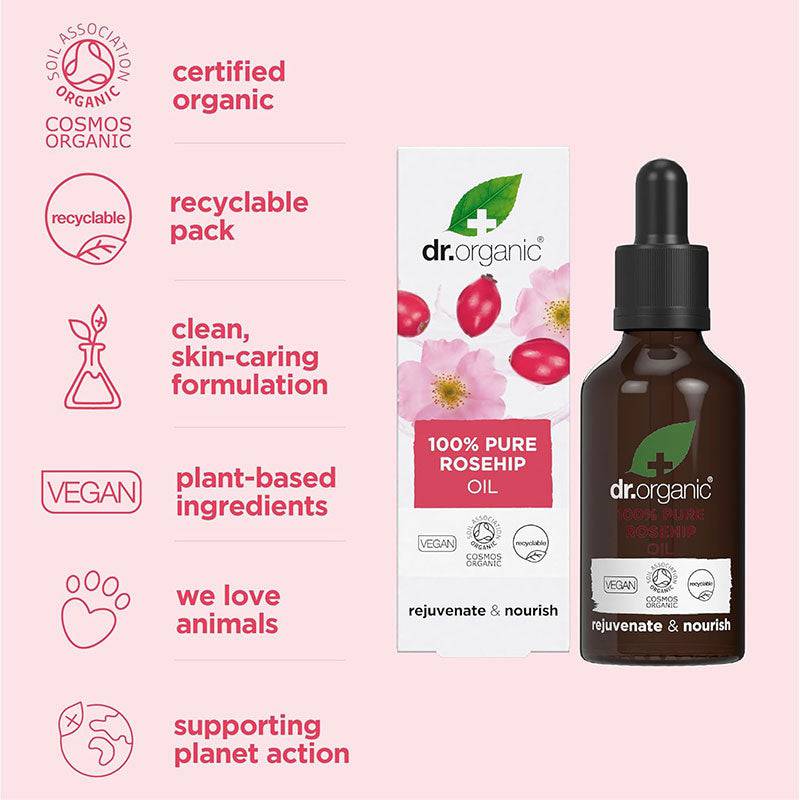 Dr Organic Rejuvenate and Nourish Pure Rosehip Oil hair treatment bottle with dropper, highlighting natural skincare for hair.