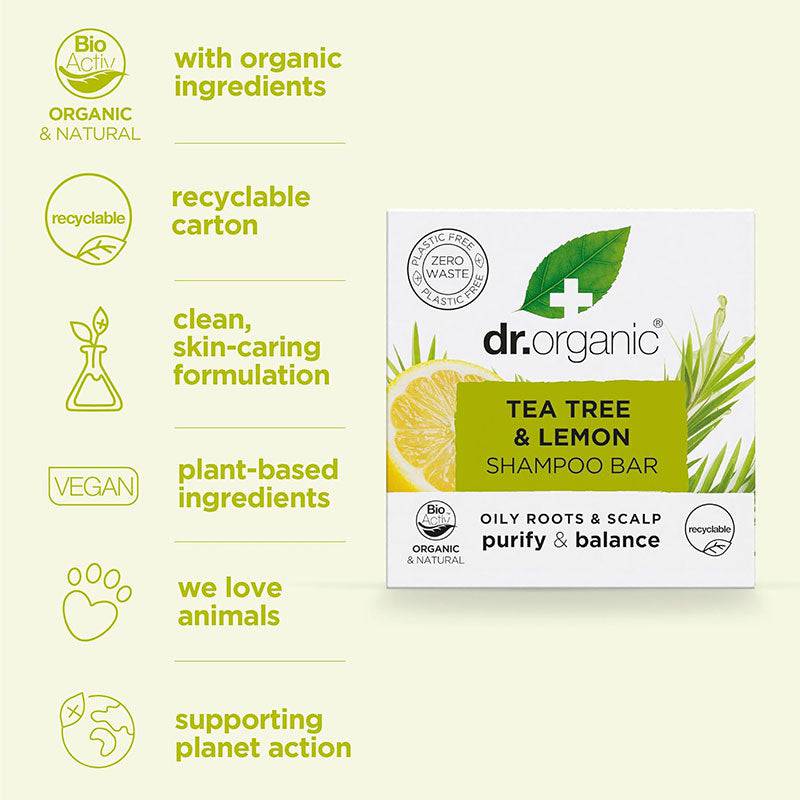 Dr Organic Tea Tree and Lemon Shampoo Bar showing the natural soap bar with packaging, highlighting organic ingredients.