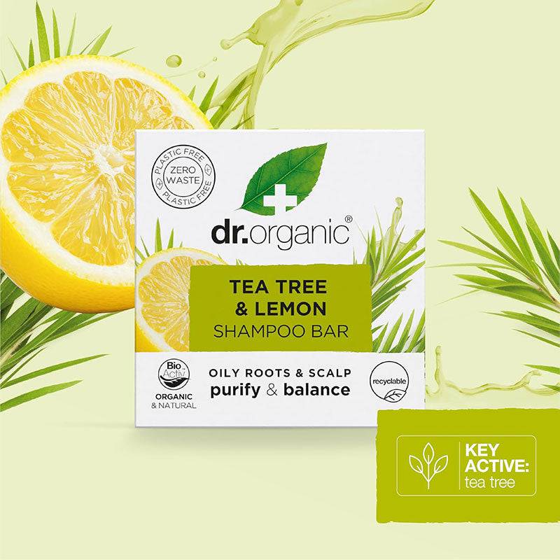 Dr Organic tea tree and lemon shampoo bar showing the rectangular soap with green tea tree and yellow lemon design.