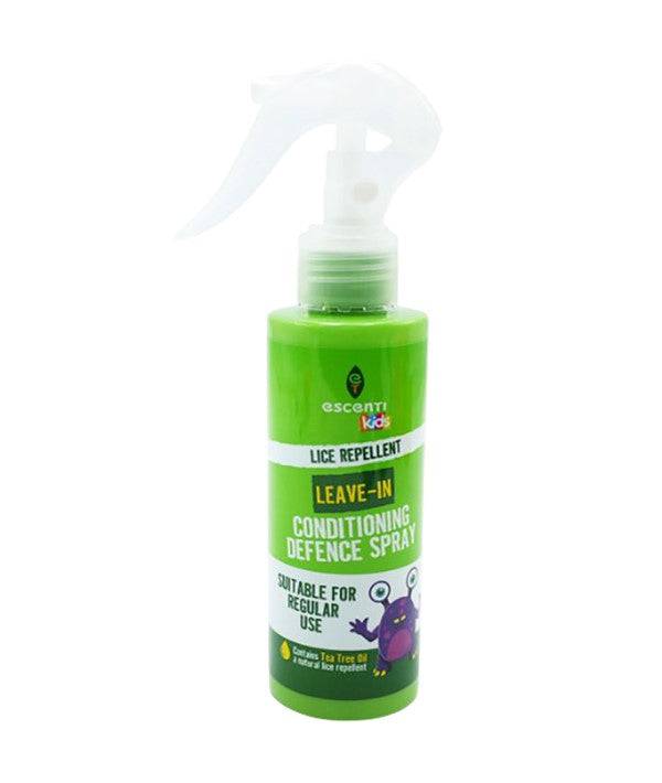 Escenti Kids lice repellent leave-in conditioner spray bottle, natural hair treatment for children, easy to apply and gentle.