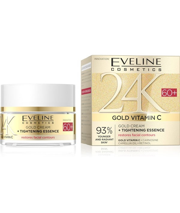 Eveline 24K Gold Vitamin C 60 Plus Gold Moisturizer in a 50ml jar, featuring luxurious gold-infused skin hydrating cream.