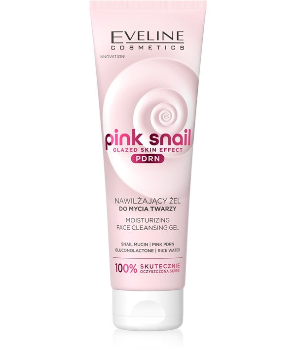 Eveline Pink Snail Moisturizing Face Cleansing Gel from Skin Basics line, showing clear gel with pink tint in a pump bottle.