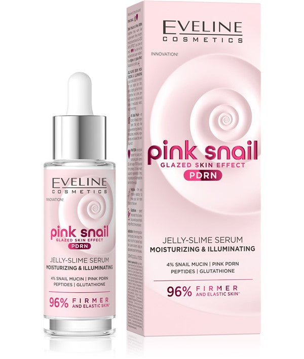 Eveline Pink Snail Moisturizing Jelly Slime Serum in a clear jar, showcasing its pink, gel-like texture for skincare hydration.