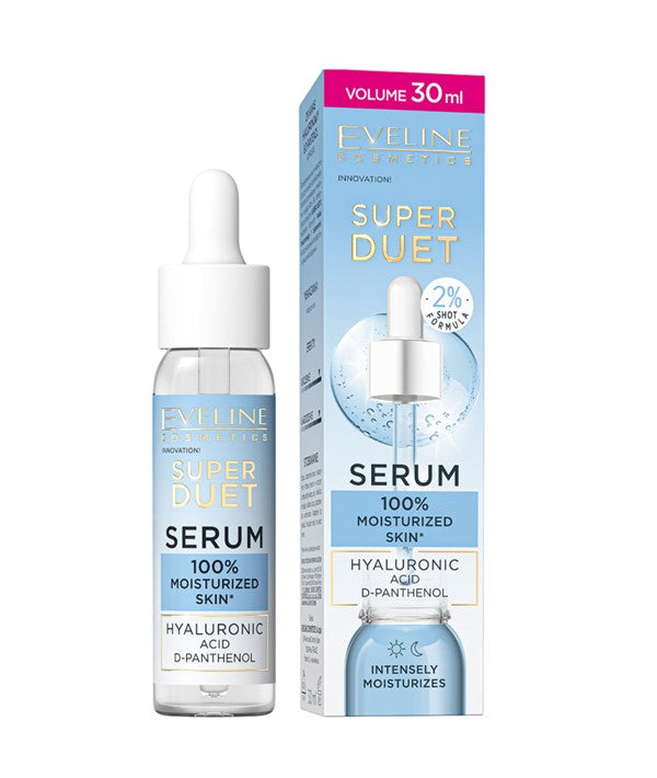 Eveline Super Duet Hyaluronic Acid Serum bottle, a hydrating moisturizer with a clear dropper and sleek packaging.
