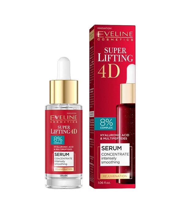 Eveline Super Lifting 4D Hyaluronic Acid and Multi-Peptides Serum in a moisturizer bottle with a sleek design.