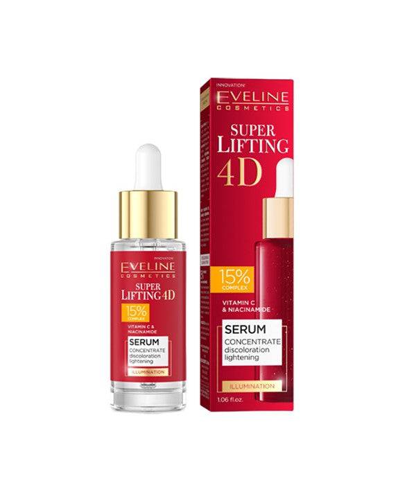 Eveline Super Lifting 4D Vitamin C and Niacinamide serum in a sleek moisturizer bottle, designed for revitalizing skin.