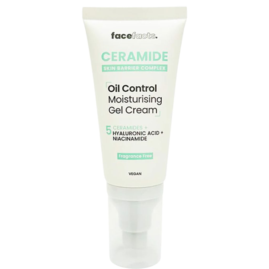Face Facts Ceramide Oil Control Moisturising Gel Cream in a tub, showcasing smooth, lightweight body care moisturizer with a creamy texture.
