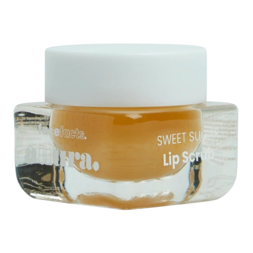 Face Facts Auura Sweet Sugar Lip Scrub in a 15ml jar, featuring a creamy texture and natural sugar exfoliants for smooth lips.