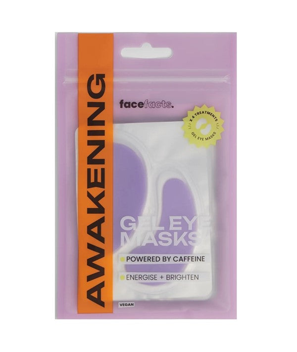Face Facts Awakening Caffeine Gel Eye Masks shown on skin, designed to reduce puffiness and refresh tired eyes.