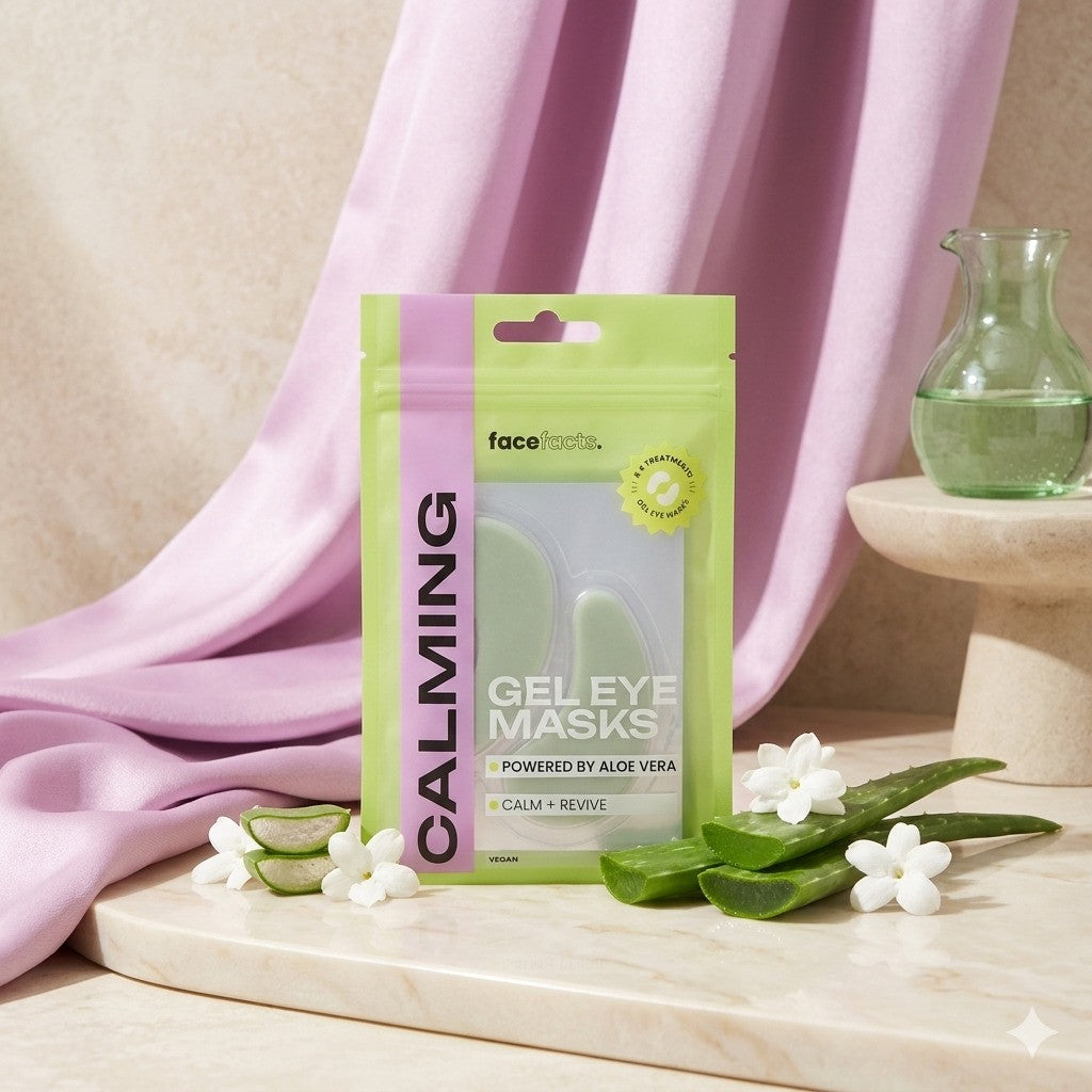 Face Facts calming aloe vera gel eye masks showing soothing gel-filled eye patches for eye care and puffiness relief.