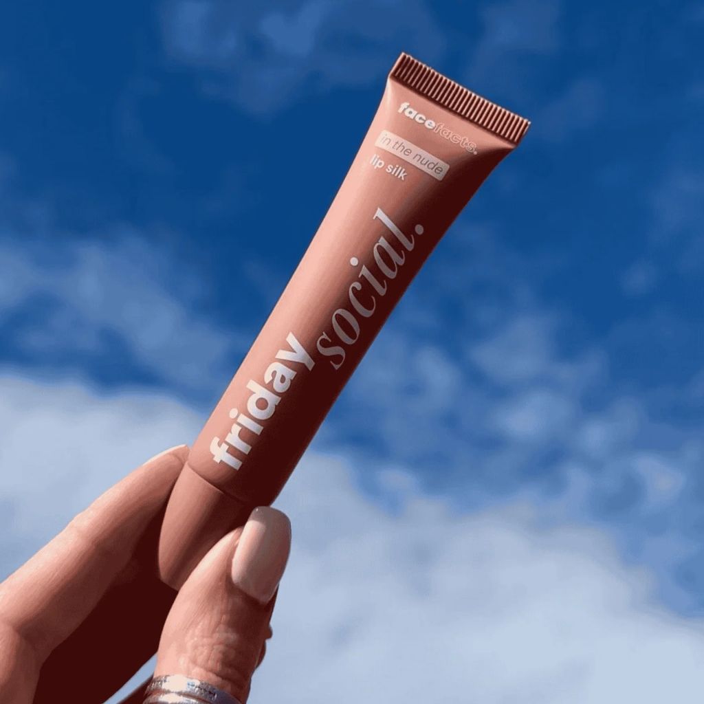 Face Facts Friday Social Lip Silk lip care in The Nude shade tube and packaging