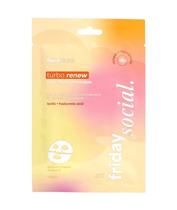 Face Facts Face Facts Friday Social Turbo Renew Biocellulose Masque in 20ml, showing the skincare mask in a clear container.
