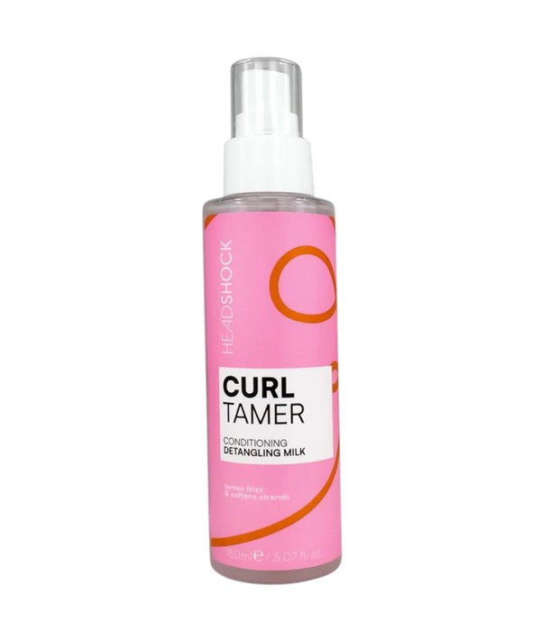 Face Facts Headshock Curl Tamer Conditioner bottle, lightweight detangling milk for curly hair, with a white and teal label.