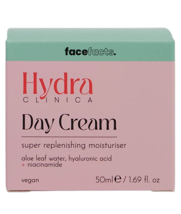 Face Facts Hydra Clinica Super Replenishing Moisturiser Day Cream in a white jar with a blue label, showcasing a smooth, creamy texture.