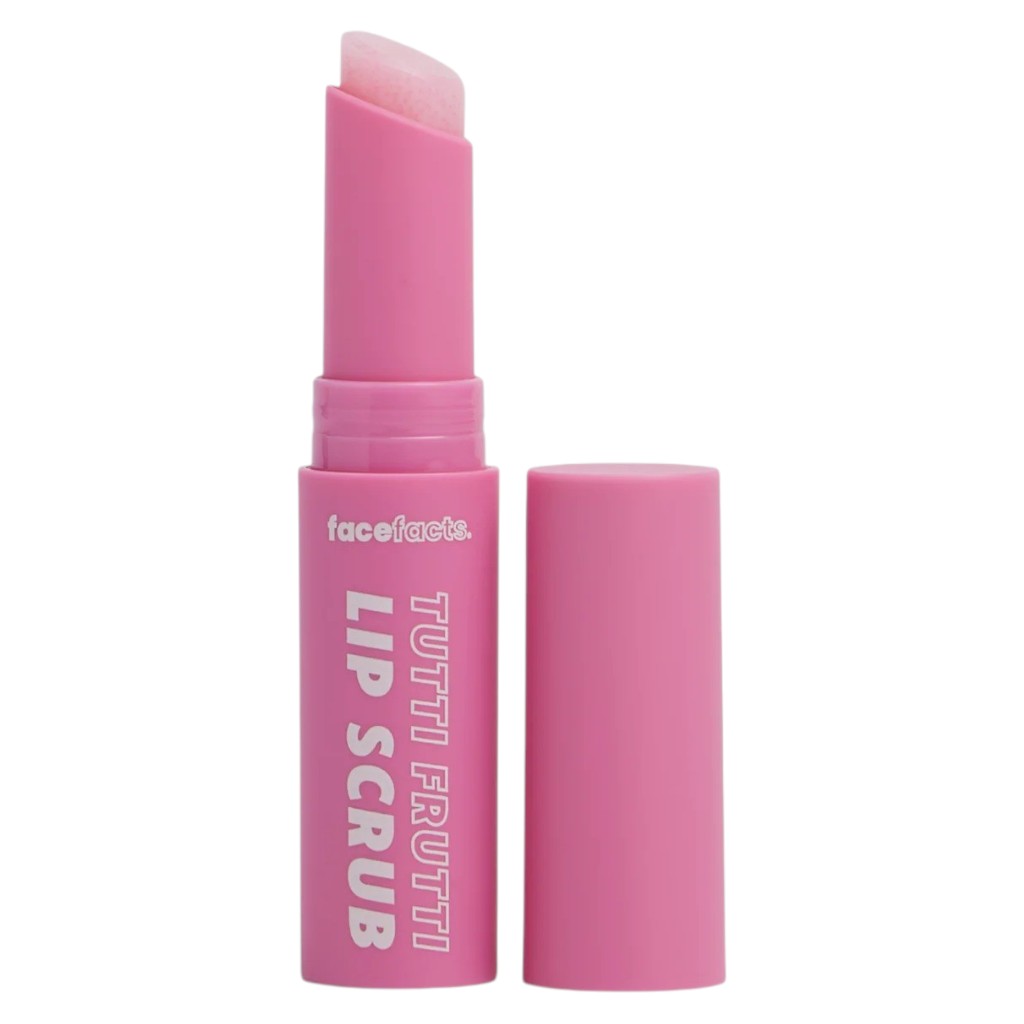 Face Facts Tutti Frutti lip scrub in a 3g container, featuring gentle exfoliation for soft, smooth lips.