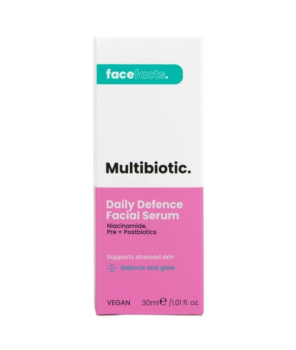 Face Facts Multibiotic Daily Defence facial serum in a clear moisturizer bottle with a white pump dispenser.