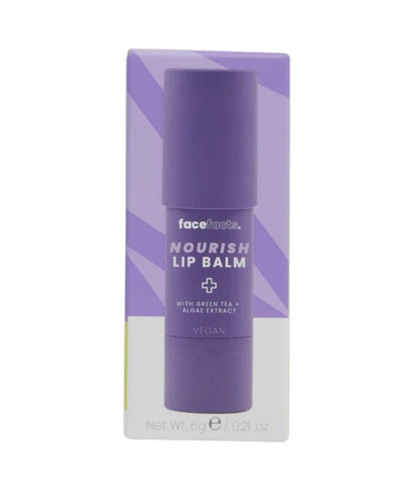Face Facts Nourish Lip Balm with green tea and algae extract, showing the balm tube and natural ingredients.