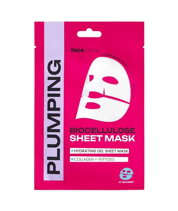 Face Facts Biocellulose plumping hydrating gel sheet mask on a model’s face, demonstrating skincare hydration and firming benefits.