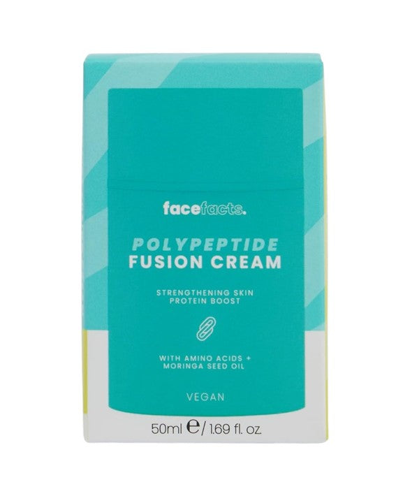 Face Facts Polypeptide Fusion Cream moisturizer with amino acids and moringa seed oil, shown in a sleek jar.