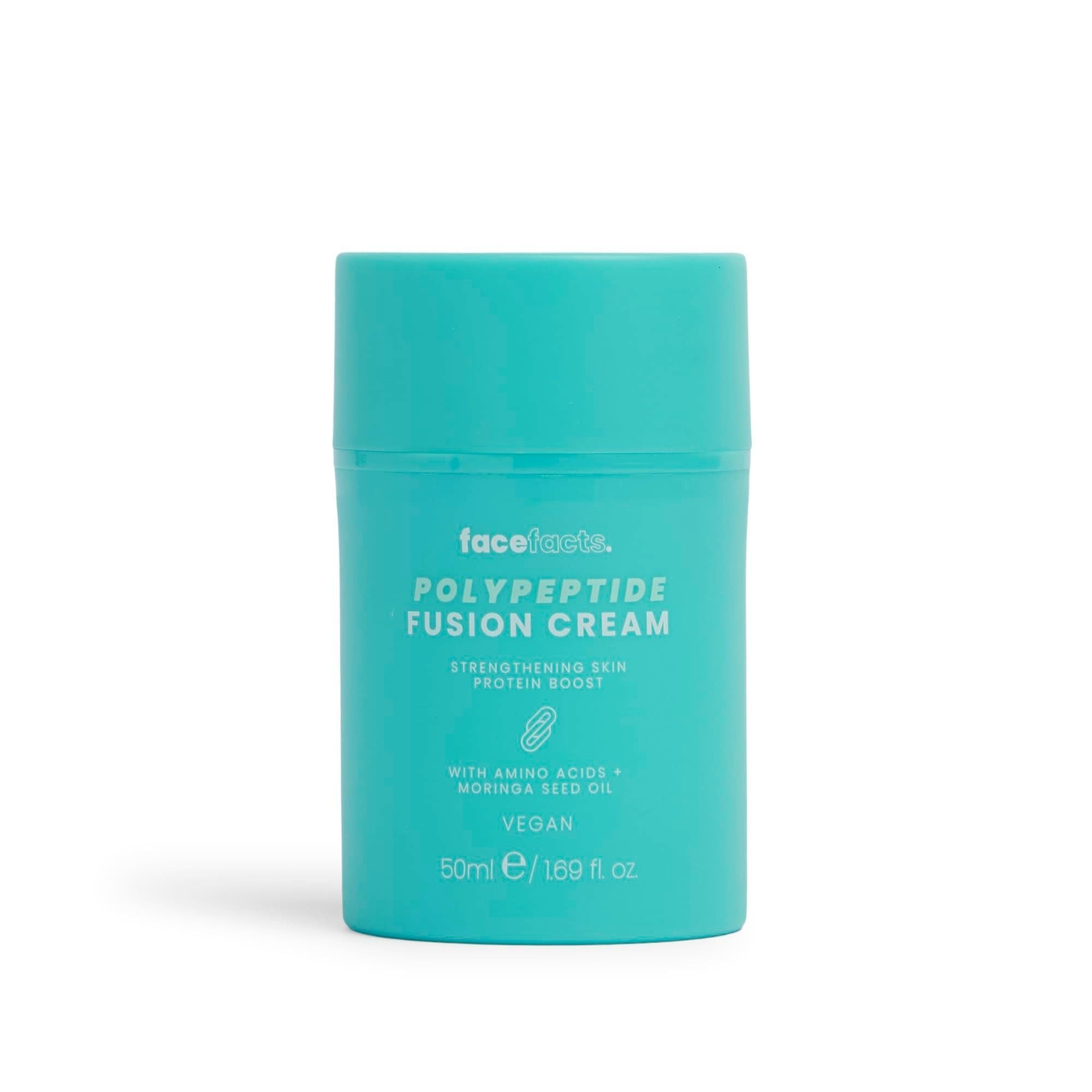 Face Facts Polypeptide Fusion Cream moisturizer with amino acids and moringa seed oil, showing a jar of the hydrating face cream.