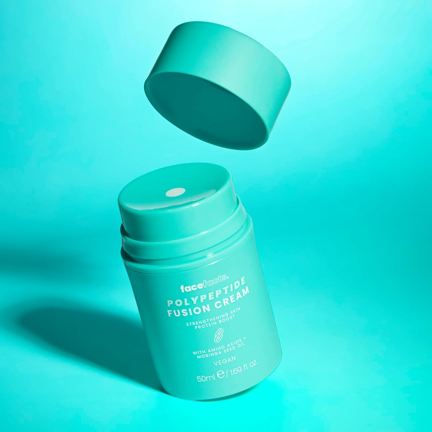 Face Facts Polypeptide Fusion Cream moisturizer with amino acids and Moringa seed oil, shown in a sleek jar.