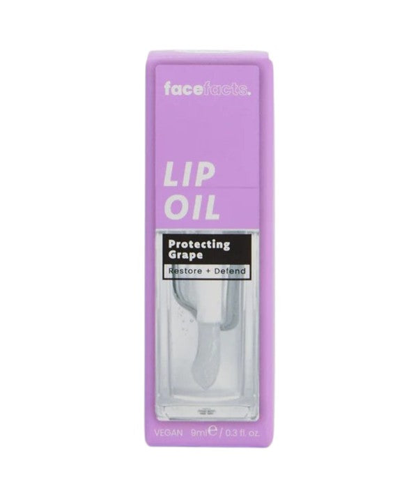Face Facts Nourish Plus Renew Protecting Grape Clear Glaze Lip Oil in a sleek tube, showcasing its glossy finish and vibrant grape flavor.