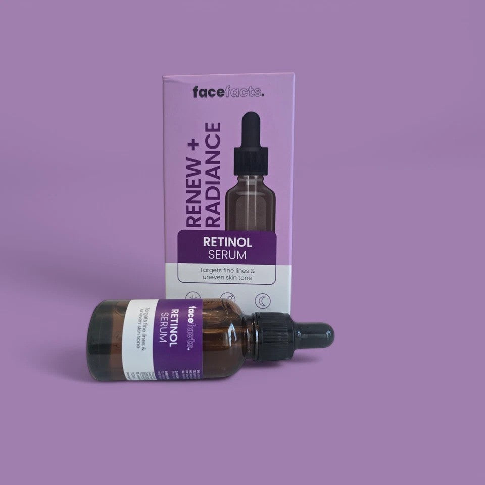 Face Facts Renew Plus Radiance Retinol Serum in a clear bottle with a pump, designed to moisturize and brighten the skin.